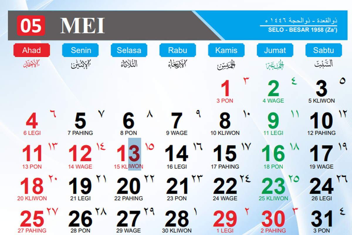 Simak kalender hijriyah dan jadwal puasa sunnah yang bisa dijalankan oleh umat Islam di bulan Mei 2025.