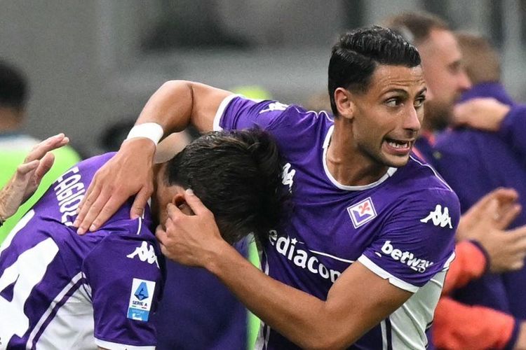 Nicolo Fagioli merayakan gol timnya dalam pertandingan sepak bola Serie A Liga Italia antara AC Milan vs Fiorentina di Stadion San Siro di Milan, Italia utara, pada 19 Oktober 2025. (Foto oleh Stefano RELLANDINI / AFP)