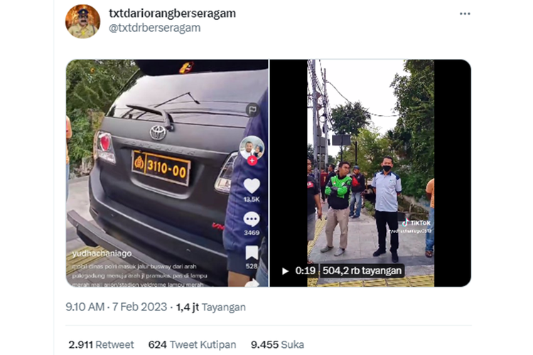 Tangkapan layar unggahan video bernarasi mobil dinas Polri menerobos lampu merah dan menabrak pengendara motor di Rawamangun, Jakarta Timur.