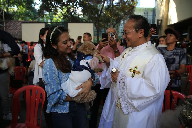 Pastor Kepala Paroki Santa Maria Diangkat ke Surga Katedral Jakarta, Hani Rudi Hartoko SJ memberkati salah satu anjing dalam peringatan hari hewan pada Rabu (4/10/2023).