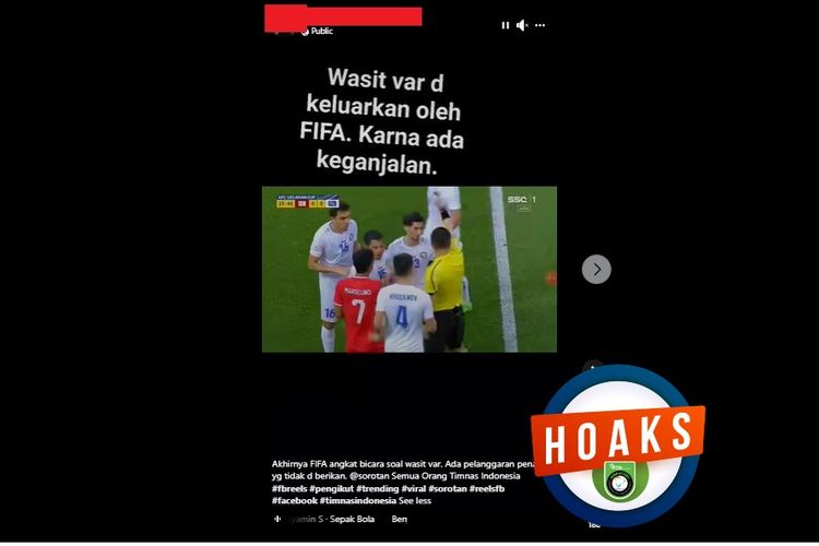 Tangkapan layar Facebook narasi yang menyebut FIFA angkat bicara soal wasit VAR Indonesia vs Uzbekistan 