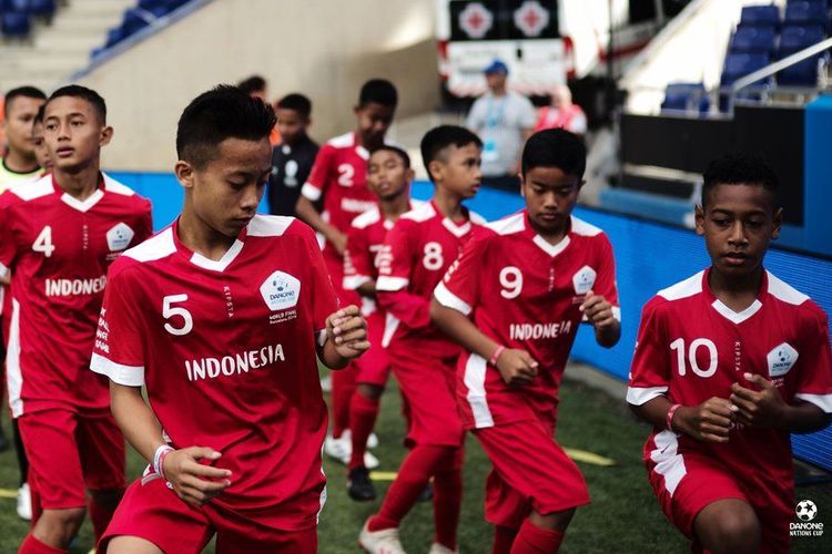 Tim Indonesia bersiap untuk menghadapi Perancis di Danone Nations Cup 2019.