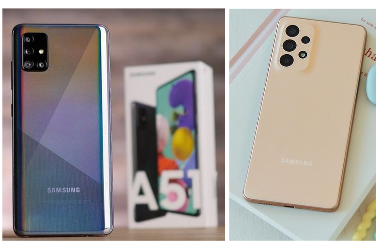 Perbandingan desain punggung Galaxy A51 2020 (kiri) dan Galaxy A53 5G 2022 (kanan).