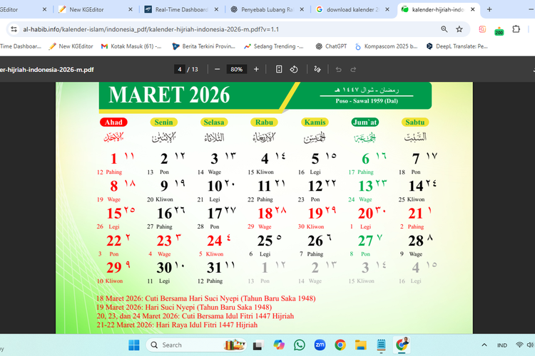 Kalender Maret 2026, hari libur nasional, cuti bersama, dan long weekend.
