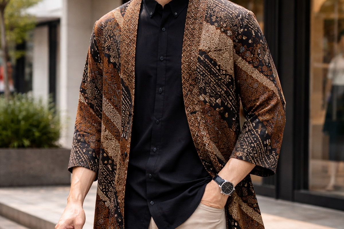 Inspirasi outfit pria muslim April 2026: Layering dan Outer Kimono Beraksen Etnik.