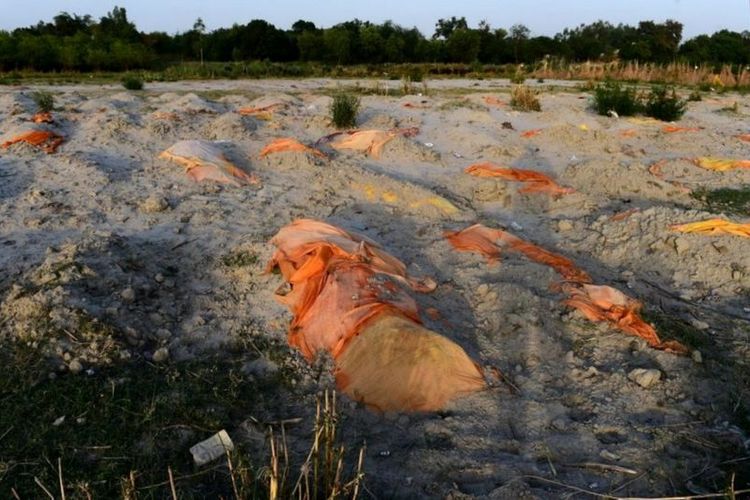 Banyak mayat ditemukan mengapung di sungai atau terkubur di pasir tepian Sungai Gangga. [GETTY IMAGES VIA BBC INDONESIA]