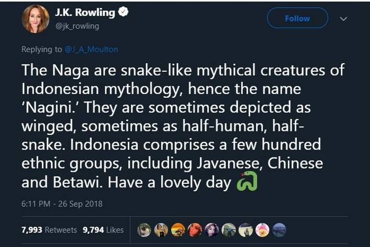 Twit dari J.K.Rowling yang mengonfirmasi tokoh Nagini yang muncul di trailer Fantastic Beasts: Crimes of Grindelwald.