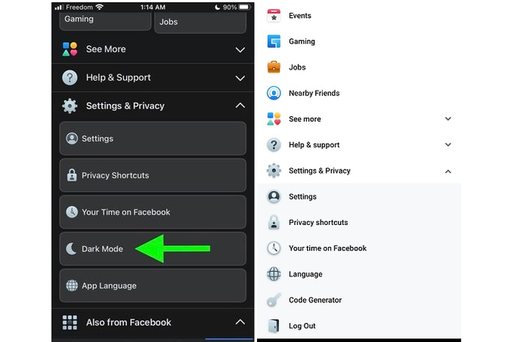 Perbandingan menu di Setting & Privacy apliaksi Facebook dengan mode gelap (kiri) dan tanpa mode gelap (kanan).