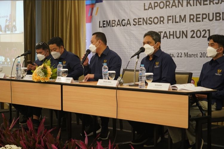 Konferensi pers laporan kinerja Lembaga Sensor Film (LSF) Republik Indonesia sepanjang tahun 2021 di kawasan Senayan, Jakarta Selatan, Selasa (22/3/2022). 