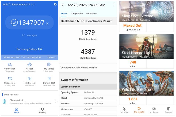 Hasil benchmark Samsung Galaxy A57 5G.