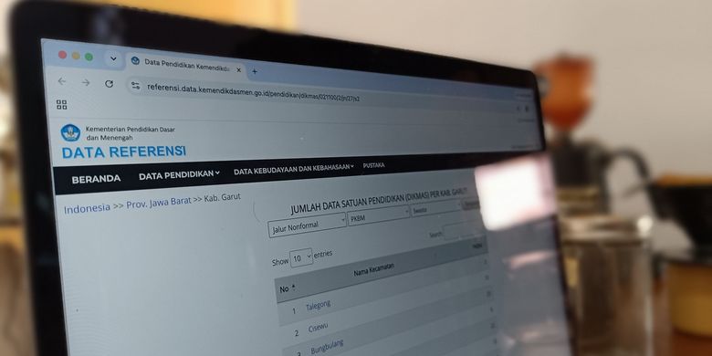 Garut Education Watch meminta Pemerintah Kabupaten Garut membekukan sementara Pusat Kegiatan Belajar Masyarakat (PKBM), menyusul adanya dugaan kasus pencurian data siswa. Foto halaman Kemendikdasmen, jumlah data satuan pendidikan (Dikmas) Per Kabupaten Garut, Kamis (18/6/2026) (Kompas.com/Sidqi Al Ghifari)