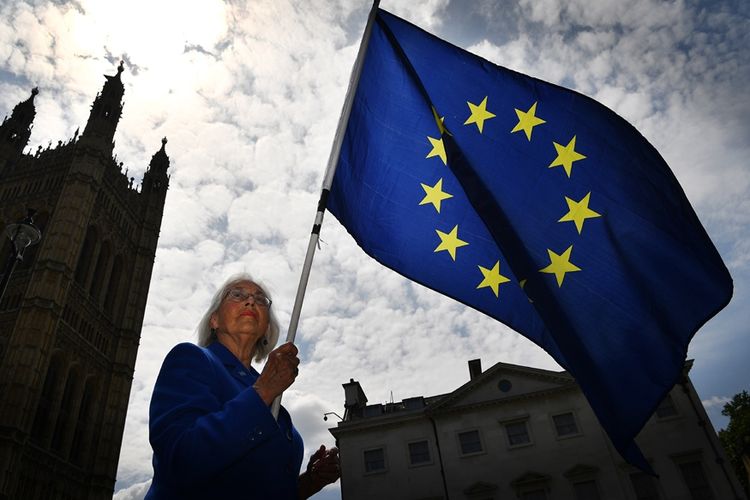 Seorang pendukung Uni Eropa mengibarkan bendera Uni Eropa di depan gedung parlemen di London, 13 Juni 2018.