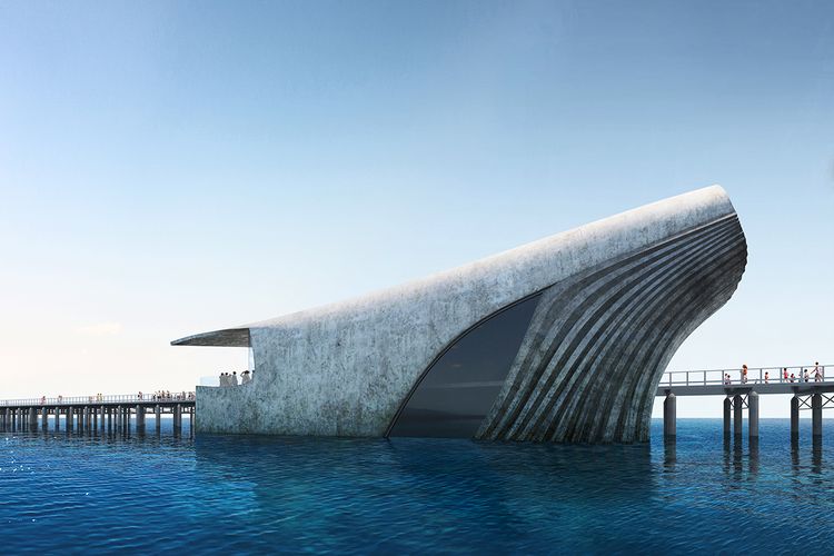 Desain observatorium laut Australia di ujung Busselton Jetty bernama Australian Underwater Discovery Centre (Baca Architects).