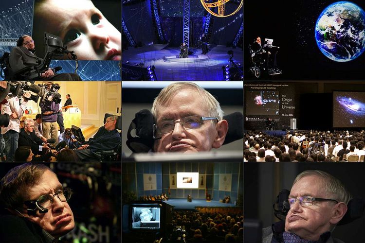Kombinasi gambar yang dibuat pada Rabu (14/3/2018) ini menunjukkan foto-foto fisikawan besar Stephen Hawking saat menghadiri sejumlah kegiatan semasa hidupnya. Salah satu fisikawan teoritis paling ternama dalam sejarah ini meninggal dunia pada 14 Maret kemarin di usia 76 tahun, yang mengidap penyakit ALS atau Lou Gehrig sejak 1963.