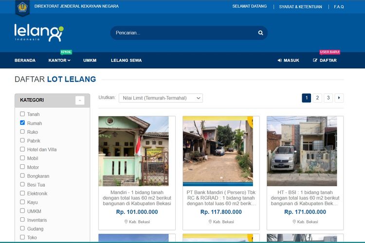 Direktorat Jenderal Kekayaan Negara (DJKN) melalui lelang.go.id memfasilitasi lelang rumah murah di Bekasi dengan nilai limit Rp 100 jutaan pada September 2023.
