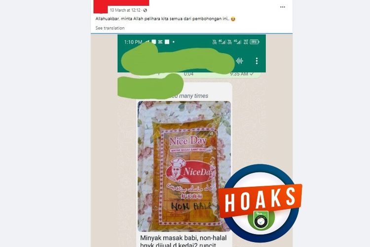 Tangkapan layar Facebook narasi yang menyebut minyak goreng merek Nice Day mengandung babi
