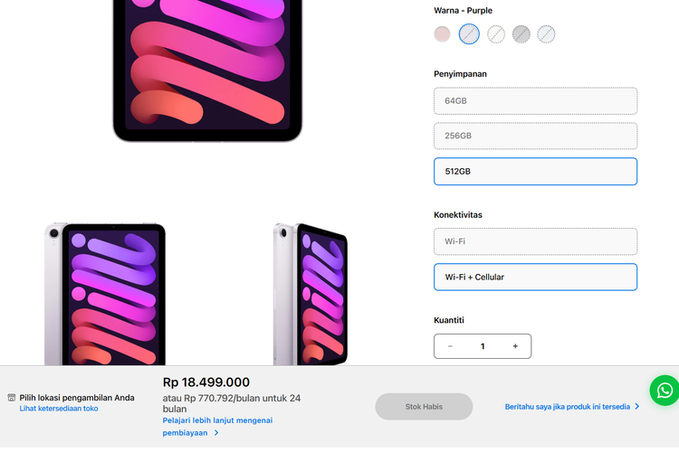 Di Indonesia, iPad Mini A17 Pro ini dijual dengan harga yang beragam, mulai  Rp 9.499.000 (storage 128 GB, WiFi-only.