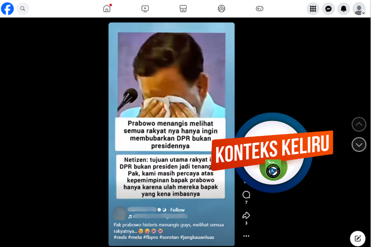 Tangkapan layar konten dengan konteks keliru di sebuah akun Facebook, menampilkan video Prabowo menangis karena rakyat mendemo DPR alih-alih dirinya pada September 2025.
