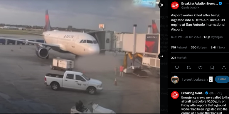 Tangkap layar foto kecelakaan petugas bandara Texas yang meninggal tersedot mesin pesawat Delta Airlines.