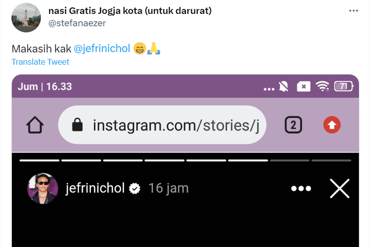 Pencetus gerakan nasi gratis di Yogyakarta, Evan, mengucapkan terima kasih kepada aktor Jefri Nichol karena me-repost tentang Nasi Gratis Jogja.