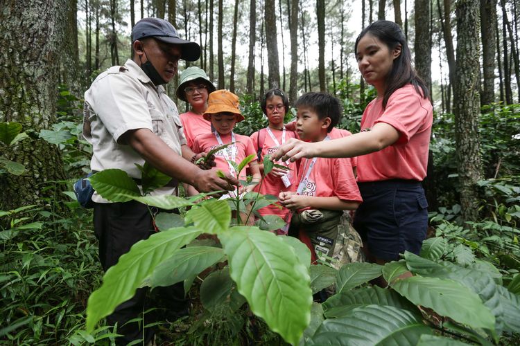 Peserta ZEN Day in Nature mengikuti pengenalan alam di Kawasan Gunung Pancar, Kabupaten Bogor, Sabtu (15/10/2022). Kegiatan ini mengajak ibu dan anak merasakan kebaikan alam dengan beraktifitas di luar ruang.