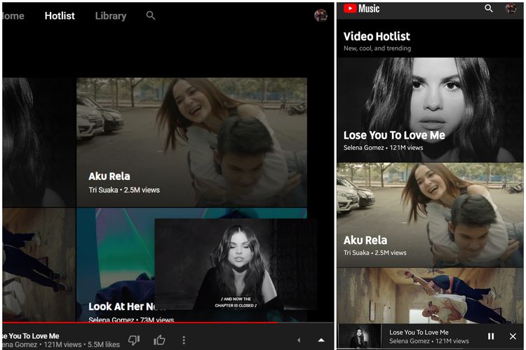 YouTube Music mobile dan desktop memainkan video Hotlist