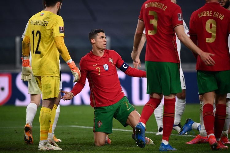Reaksi kapten timnas Portugal, Cristiano Ronaldo, pada laga Kualifikasi Piala Dunia 2022 kontra Azerbaijan di Juventus Stadium, Kamis (25/3/2021) dini hari WIB.