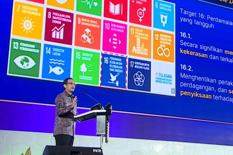 Mendikbud Ristek Nadiem Makarim saat meluncurkan Permendikbud PPKSP Nomor 46 Tahun 2023 di Jakarta, Selasa (8/8/2023).