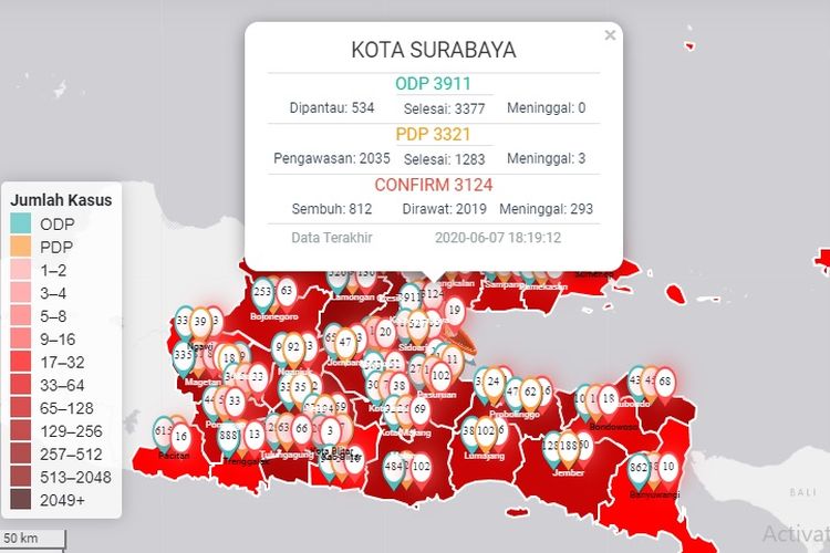 Tangkapan layar peta sebaran Covid-19 di Jawa Timur pada Senin (8/6/2020) pukul 15.39 WIB.