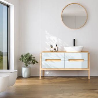 Ilustrasi kamar mandi dengan lantai kayu. 