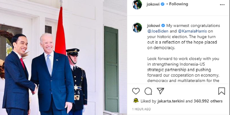 A screenshot of President Joko Widodos Instagram post congratulating US President-elect Joe Biden and Vice-President elect Kamala Harris following their victory in the 2020 US Presidential race