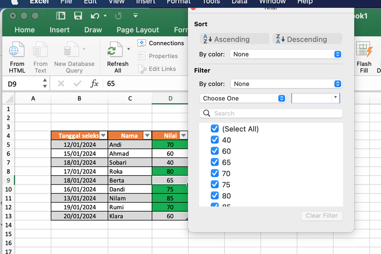 Ilustrasi cara mengurutkan data di Excel dengan tombol filter.