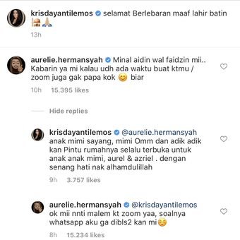 Bidikan layar percakapan Aurel Hermansyah dan Krisdayanti di akun Instagram @krisdayantilemos