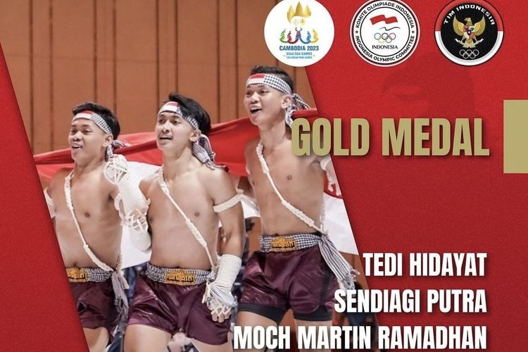 Tedi Hidayat, Sendiagi Putra, dan Moch Martin Ramadhan meraih medali emas SEA Games 2023 dari nomor men's bare hand form group cabor kun bokator pada Senin (8/5/2023).