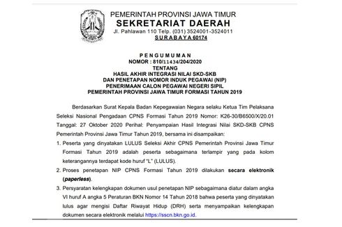 Informasi Pemberkasan dan Link Pengumuman Hasil CPNS 2019 Pemprov Jawa Timur