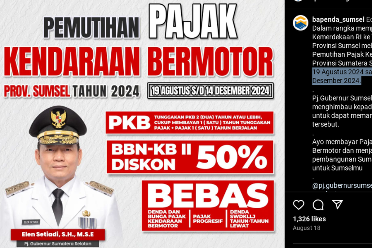 Pemutihan pajak kendaraan bermotor Sumatera Selatan mulai 19 Agustus 2024