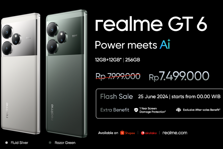 Realme akan menggelar penjualan perdana Realme GT 6 di Indonesia pada 25 Juni mulai pukul 00.00 WIB