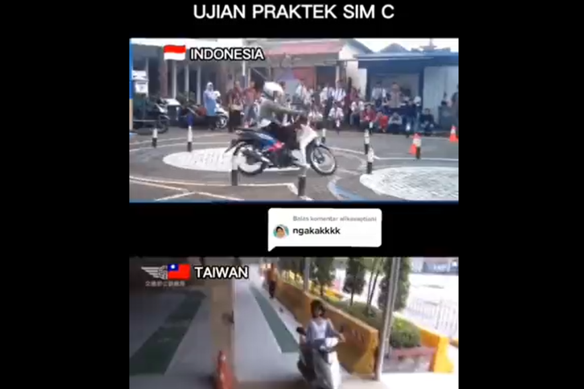 Tangkapan layar video yang memperlihatkan perbandingan praktik membuat Surat Izin Mengemudi (SIM) disebut di Indonesia dan Taiwan.