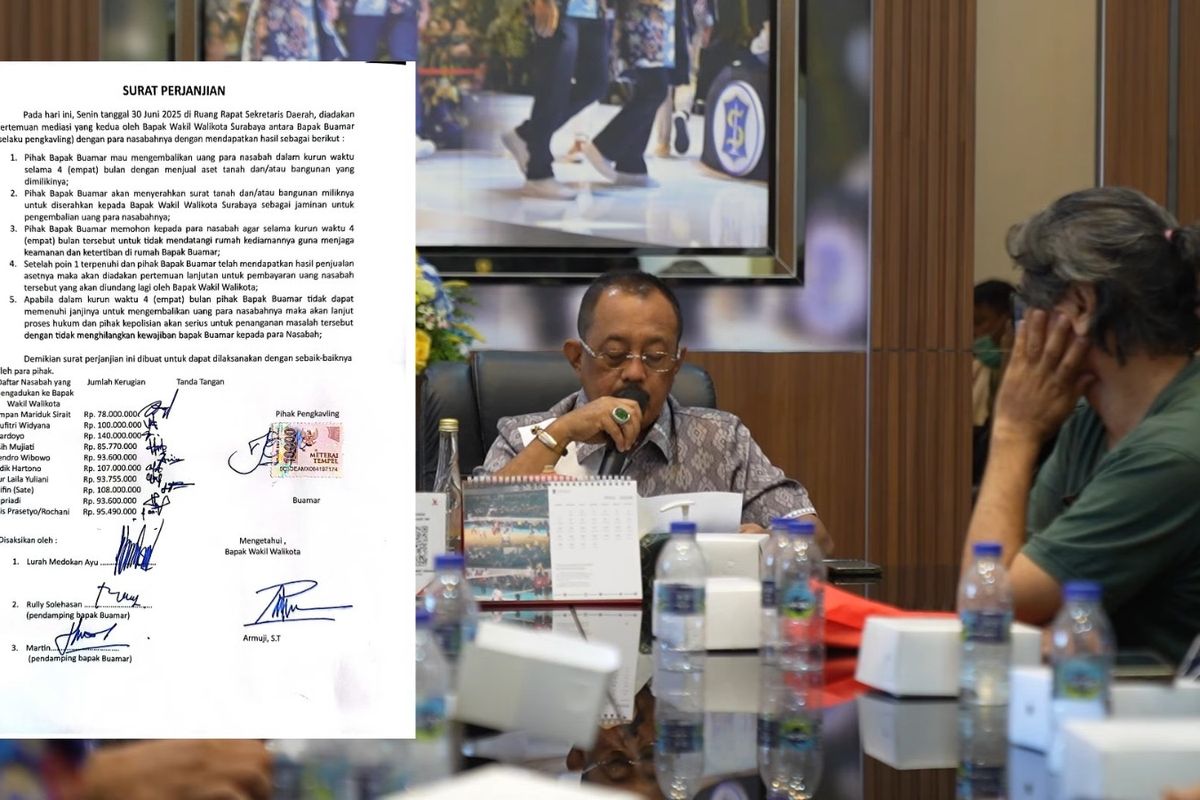 Tangkapan layar suasana mediasi kasus dugaan penipuan tanah kavling yang didampingi wakil wlaikota Surabaya, Armuji di ruang rapat Sekda, Senin (30/6/2025).