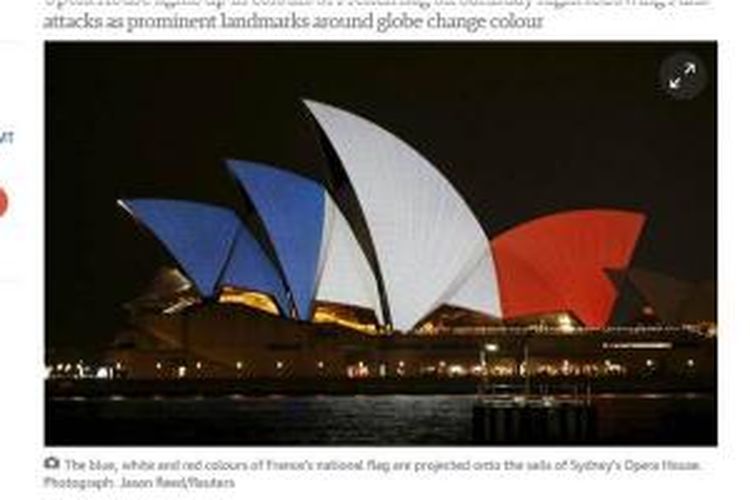 Gedung Sydney Opera House memancarkan warna bendera Perancis, yakni merah, putih, dan biru, Sabtu (14/11/2015), sebagai ungkapan solidaritas Australia terhadap Perancis pasca-serangan mematikan di Paris, seperti ditayangkan di The Guardian.