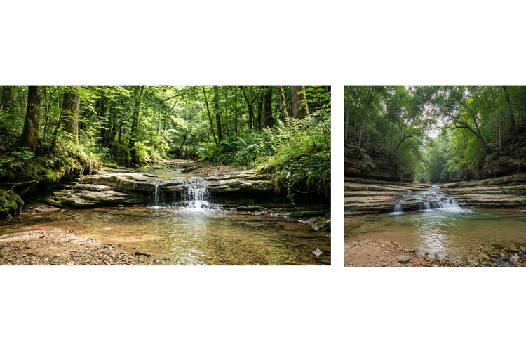 Perbandingan foto pemandangan Gemini 3 Pro (kiri) dan Gemini 2.5 (kanan).