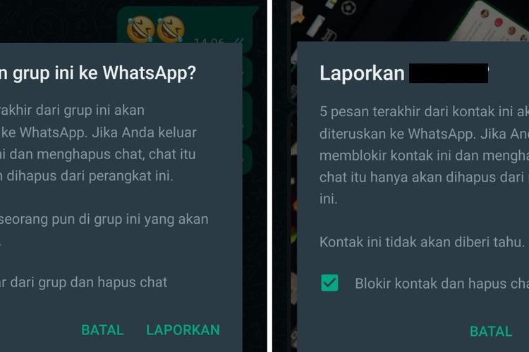 Tampilan notifikasi yang memberi tahu pengguna bahwa setelah melaporka grup atau chat pribadi, lima pesan terakhir akan dikirim ke WhatsApp.