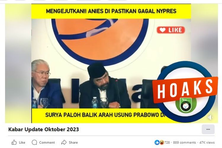 Tangkapan layar Facebook narasi yang menyebut Anies Baswedan gagal maju sebagai capres karena Surya Paloh mendukung Prabowo