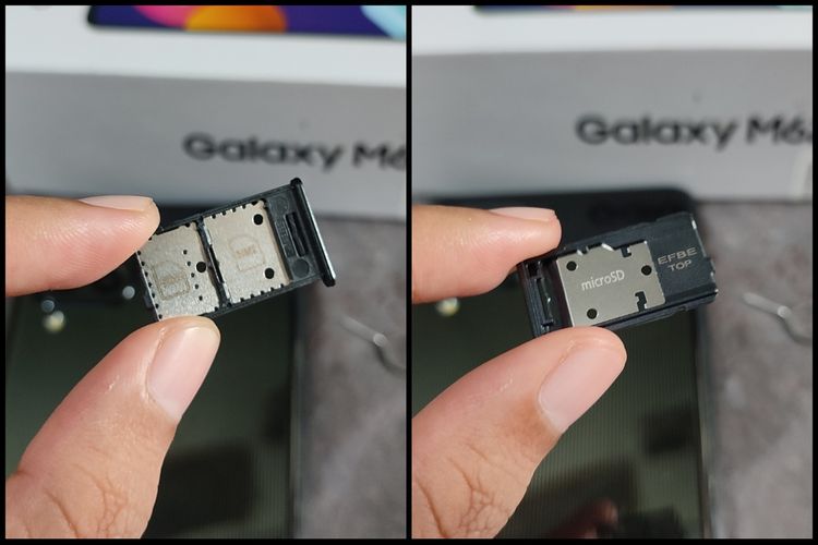 Ponsel ini dibekali dengan laci slot SIM berjenis dual-SIM (Nano) dan dedicated slot MicroSD untuk menampung kartu memori eksternal hingga 1 TB. Desain slot SIM dan memori eksternal Galaxy M62 dibuat atas-bawah.
