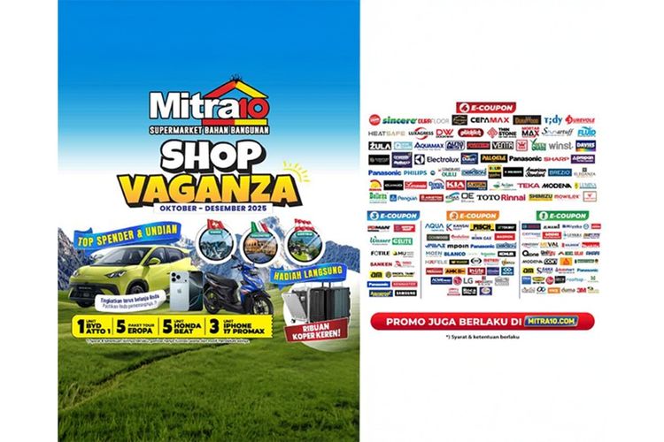 Shopvaganza 2025 Mitra10 yang menawarkan hadiah utama mobil listrik BYD Atto 1, tour Eropa, motor Honda, hingga iPhone 17 Pro Max untuk pelanggan yang berbelanja hingga 31 Desember 2025.