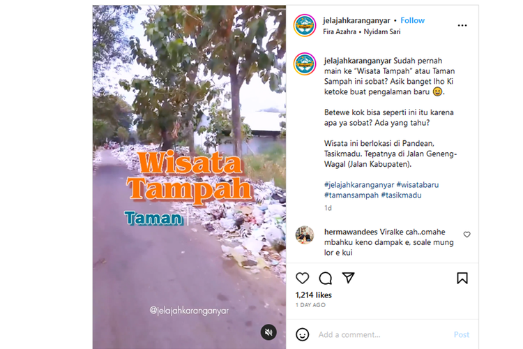 Tangkapan layar video menampilkan tumpukan sampah sepanjang jalan di Tasikmadu, Karanganyar