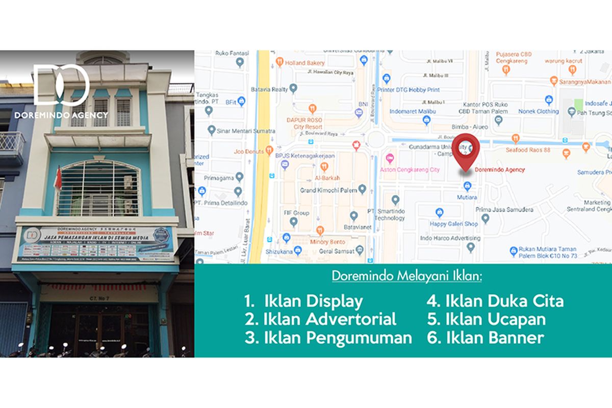 Kantor Doremindo di Ruko Mutiara Taman Palem Blok C7 No. 7, Cengkareng, Jakarta Barat.