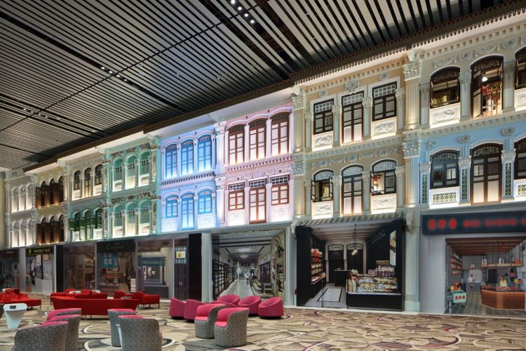 Fasad pertokoan peranakan Terminal 4 Bandara Internasional Changi Airport.
