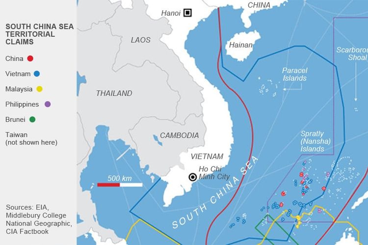 Map of the South China Sea and respective claims by nations on its coasts