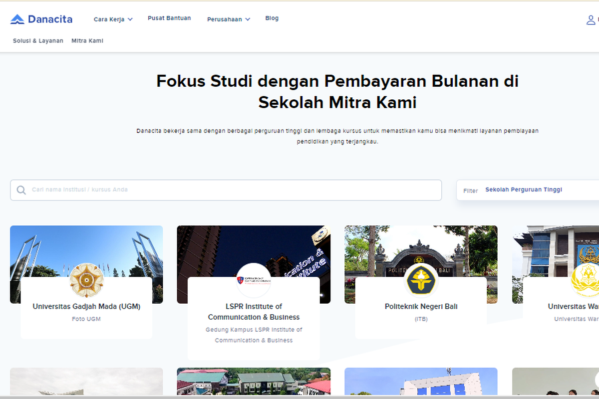 Tangkapan layar daftar perguruan tinggi yang bekerja sama dengan Danacita untuk bantuan pendanaan kuliah